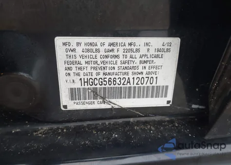 2002 Honda Accord 2.3 Ex z USA, uszkodzony, nr VIN 1HGCG56632A120701